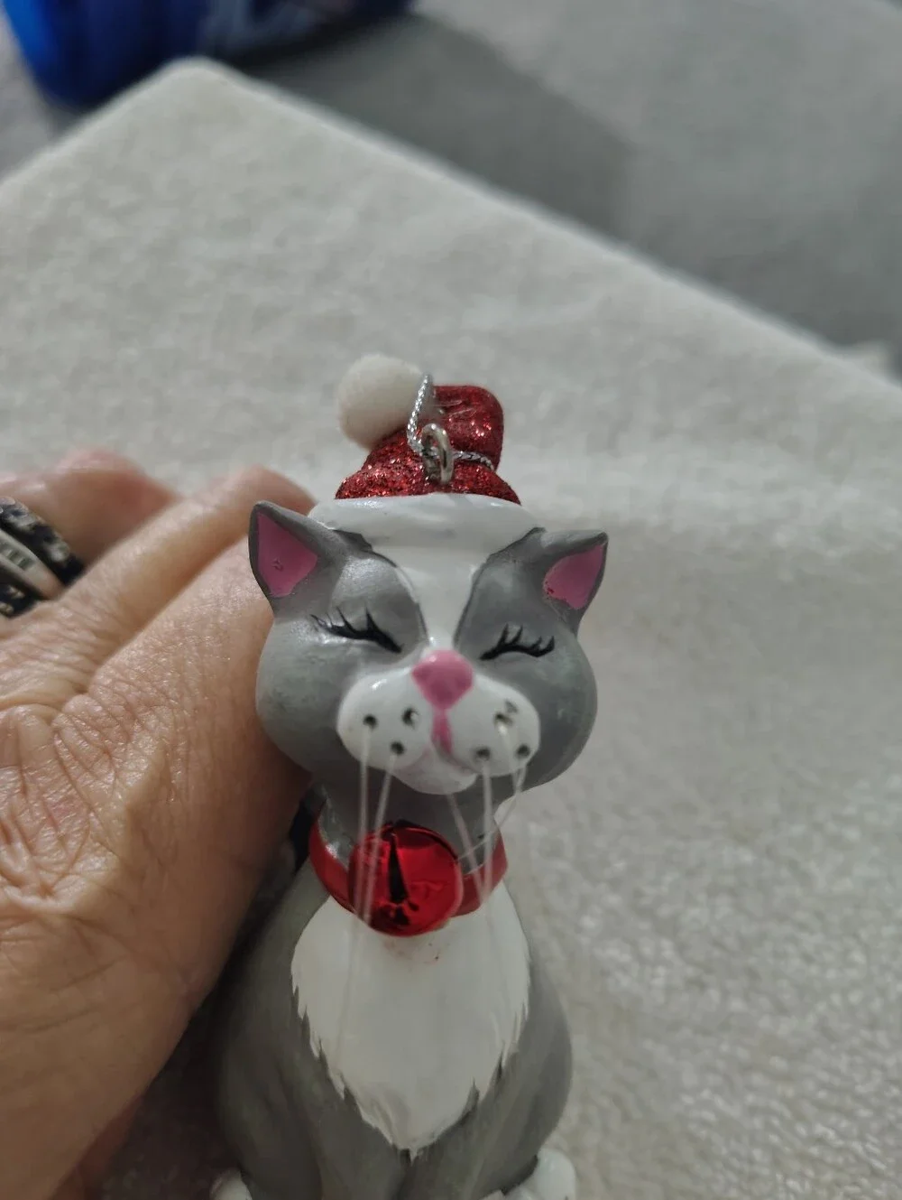 Gray & White Festive Cat Ornament with Red Hat and Bell By Ganz